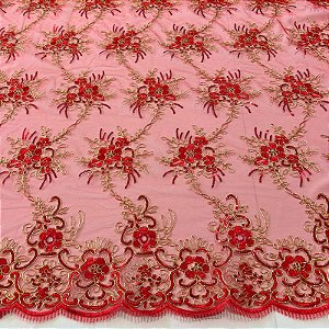 RENDA CORD METALIZADA EWA | 100% POLIÉS BARRADA - 1,30m | VERMELHO C/ DOURADO