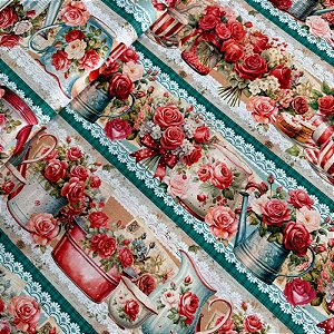 TRICOLINE DIGITAL ESTAMPADA BARRADA | 1,50m X 0,55cm - 100% ALGODÃO | CHÁ COM ROSAS
