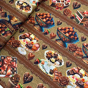 TRICOLINE DIGITAL ESTAMPADA BARRADA | 1,50m X 0,50cm - 100% ALGODÃO | DOCES DE CHOCLATE