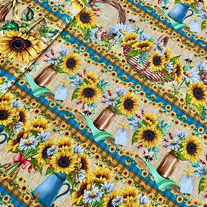 TRICOLINE DIGITAL ESTAMPADA BARRADA | 1,50m X 0,55cm - 100% ALGODÃO | GIRASSOL E MILHO