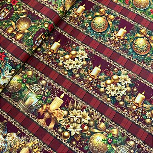 TRICOLINE DIGITAL ESTAMPADA BARRADA NATAL | 1,50m X 0,55cm - 100% ALGODÃO | ENFEITES DOURADOS