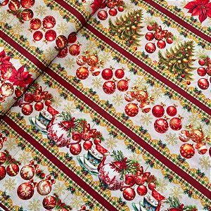 TRICOLINE DIGITAL ESTAMPADA BARRADA NATAL | 1,50m X 0,55cm - 100% ALGODÃO | CHÁ COM NATAL