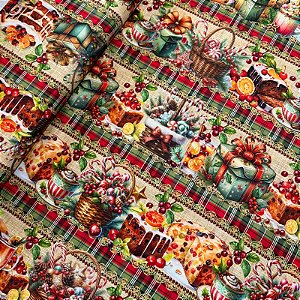 TRICOLINE DIGITAL ESTAMPADA BARRADA NATAL | 1,50cm X 0,55cm - 100% ALGODÃO | BOLOS COM NATAL
