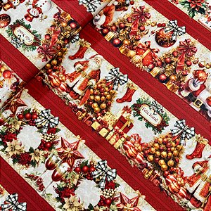 TRICOLINE DIGITAL ESTAMPADA BARRADA NATAL | 0,55cm X 1,50cm - 100% ALGODÃO | BARRADO NATAL VERMELHO