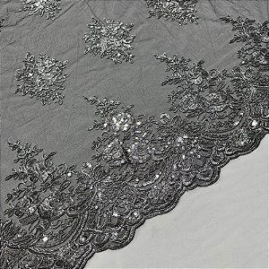 RENDA CORD METALIZADA | 100% POLIÉS BARRADA - 1,30m | PRETO C/ PRATA