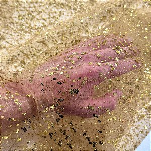 TECIDO TULE COM GLITTER E PAETÊ NEBULOSA | 1,48m | DOURADO