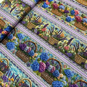 TRICOLINE DIGITAL ESTAMPADA BARRADA | 0,50cm X 1,50m - 100% ALGODÃO | CESTAS E FLORES