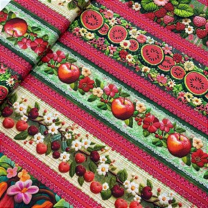 TRICOLINE DIGITAL ESTAMPADA BARRADA | 0,50cm X 1,50m - 100% ALGODÃO | FRUTAS VERMELHAS