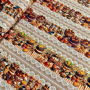 TECIDO TRICOLINE DIGITAL BARRADA | 0,55cm X 1,50m - 100% Algodão | Chocolate Com Laranja