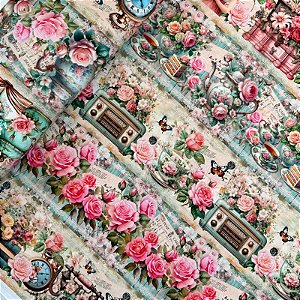 TRICOLINE BARRADA DIGITAL | 0,55cm X 1,50m - 100% Algodão | ROSAS VINTAGE 3248