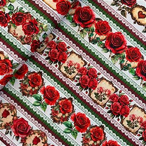 TRICOLINE BARRADA DIGITAL | 0,55cm X 1,50m - 100% Algodão | Rosas Vermelhas 3244