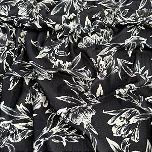 TECIDO CREPE MOUSSELINE | 1,50m - 100% Poliéster | Floral Preto