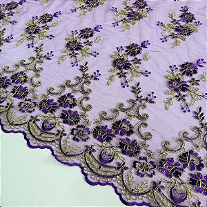 TULE BORADADO RENDA CORD FIO METALICO | 1,30m | Roxo / Dourado