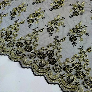 TULE BORADADO RENDA CORD FIO METALICO | 1,30m | Preto / Dourado