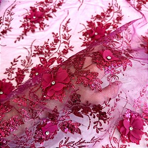 TECIDO TULE COM GLITTER 3D | 1,40m | Rosa Pink
