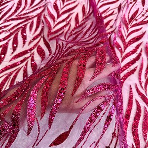 TECIDO TULE COM GLITTER FOLHAS | 1,45m | Rosa Pink