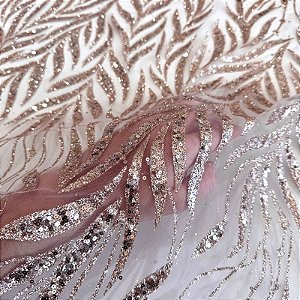TECIDO TULE COM GLITTER FOLHAS | 1,45m | Nude