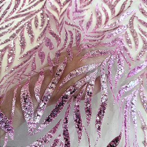 TECIDO TULE COM GLITTER FOLHAS | 1,45m | Chiclete
