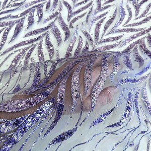 TECIDO TULE COM GLITTER FOLHAS | 1,45m | Lilás