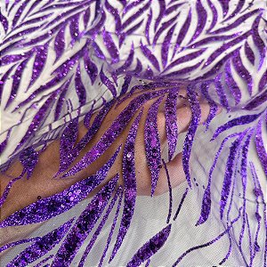 TECIDO TULE COM GLITTER FOLHAS | 1,45m | Roxo