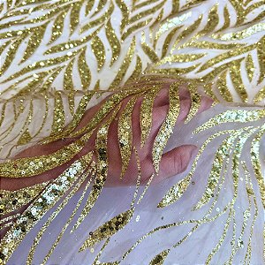 TECIDO TULE COM GLITTER FOLHAS | 1,45m | Dourado