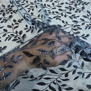 TECIDO TULE COM GLITTER TULIPAS | 1,45m | Azul Navy