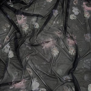 TULE COM ELASTANO ROMANCE DIGITAL | 1,60m | Rosas Black 13