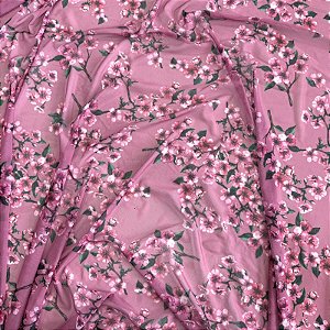 TULE COM ELASTANO ROMANCE DIGITAL | 1,60m | Floral Rosa 12