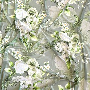TULE COM ELASTANO ROMANCE DIGITAL | 1,60m | Floral Verde Claro 10