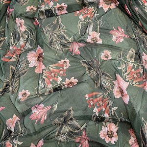 TULE COM ELASTANO ROMANCE DIGITAL | 1,60m | Floral Verde Militar 09