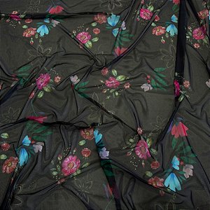 TULE COM ELASTANO ROMANCE DIGITAL | 1,60m | Floral Black Colorido 07