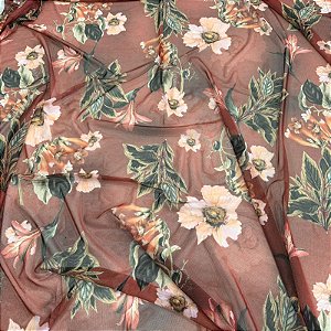 TULE COM ELASTANO ROMANCE DIGITAL | 1,60m | Floral Marrom 03