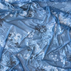 TULE COM ELASTANO ROMANCE DIGITAL | 1,60m | Floral Azul 01