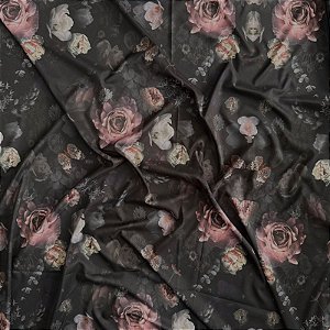 TECIDO CREPE BEGÔNIA SEDA DIGITAL | 1,47m | Rosas Black 06