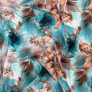 TECIDO CREPE BEGÔNIA SEDA DIGITAL | 1,47m | Folhas Azul C/ Rose 07