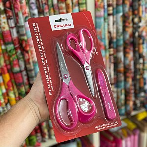 Kit com 3 Tesouras Profissionais de Aço Circulo para Corte e Costura, Artesanato, Patchwork - Rosa 10