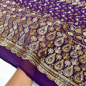 Tecido Crepe Bordado Indiano Brilho Paête | 1,47m - 100% Poliéster | Cor Roxo 187