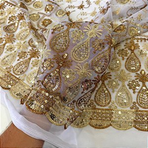 Tecido Crepe Bordado Indiano Brilho Paête | 1,47m - 100% Poliéster | Cor Branco 101