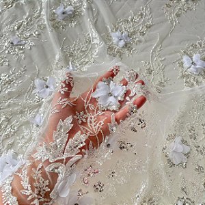 Tule Glitter Floral 3D Bordado - 100% Poliamida 1,40m 250g/m² - Branco