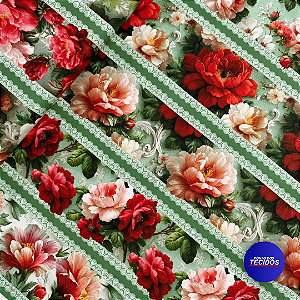 Tecido Tricoline Barrada Digital 10 Barrados 100% Algodão -  0,55cm X 1,50m - Rosas vermelhas 2665