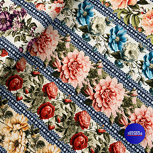 Tecido Tricoline Barrada Digital 10 Barrados 100% Algodão - 0,55cm X 1,50m - Flores Coloridas 2666
