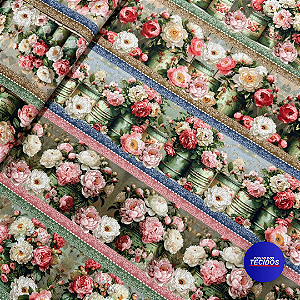 Tecido Tricoline Barrada Digital 10 Barrados 100% Algodão - 0,55cm X 1,50m - Rosas Rosadas 3670