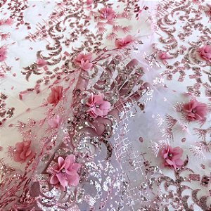 Tule Glitter Floral 3D Bordado - 100% Poliéster  1,30m 250g/m² - Rosa Bebê R0-5