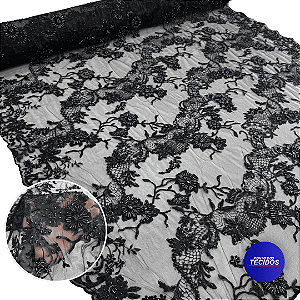 Tecido Renda Tule Bordado Com Pedraria Premium - 1,20m - Preto 9230-05