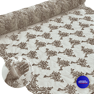 Tecido Renda Tule Bordado Com Pedraria Premium - 1,20m - Seonh Ouro 7223-02