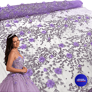 Tule Glitter Floral 3D Bordado - 100% Poliéster  1,30m 250g/m² - Roxo Lilas RX-5