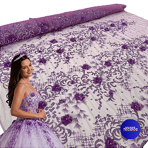 Tule Glitter Floral 3D Bordado - 100% Poliéster  1,30m 250g/m² - Roxo RX-3