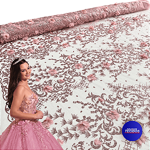 Tule Glitter Floral 3D Bordado - 100% Poliéster  1,30m 250g/m² - Rosa Bebê R0-9 D#12