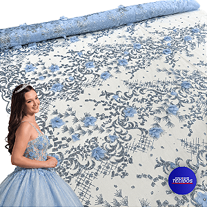 Tule Glitter Floral 3D Bordado - 100% Poliéster  1,30m 250g/m² - Azul Serenity AZ-1 D#12