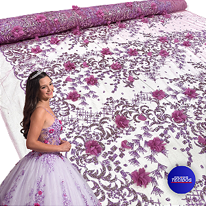 Tule Glitter Floral 3D Bordado - 100% Poliéster  1,30m 250g/m² - Rosa RO-3 D#12